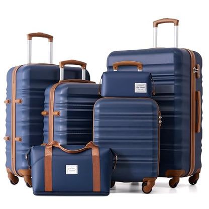 LONG VACATION Luggage Set 6 Piece Luggage ABS hardshell TSA Lock Spinner Wheels Luggage Carry on Suitcase (NAVY, 6 piece set) - color: NAVY, size: 6-Piece Set