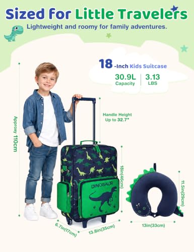 VASCHY Kids Suitcase with Wheels 18in Rolling Luggage Set Carry On Dinosaur - color: Dinosaur Set