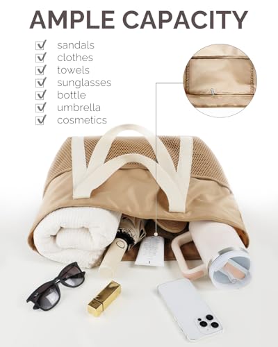 HOMESPON Beach Bag Large Waterproof Sandproof Tote for Women with Zipper and Mesh Pockets - color: Khaki, size: Medium
