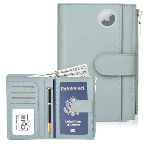 RFID Passport Holder for Travel, Leather Passport Wallet Cover with Airtag | with Airtag Slot, Card Cash Holders, Zippered Coins Pocket, for Women/Men, Gift Box, Travel Essentials, 4.1"L x 1"W x 6.3"H - color: Light Blue
