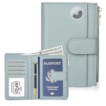 RFID Passport Holder for Travel, Leather Passport Cover Travel Wallet - color: Light Blue
