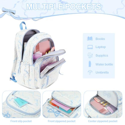 DIGOBAY Quilted Backpack for Girls, Girls Backpack w/Lunch Box Pencil Case - color: Blue Bow