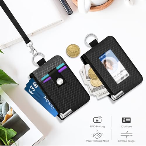 Minimalist RFID Blocking Small Wallet with ID Window,WaterResistant Zip Id Case Wallet with Lanyard Keychain for Cards,Cash,Travel,Women,Men (Black/DarkGrey) - color: Black/DarkGrey
