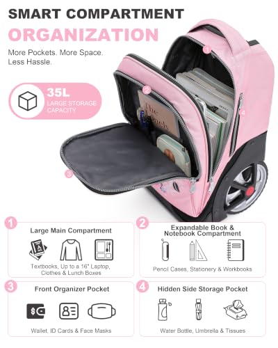 NEW TILAMI Rolling Backpack 19 inch with Lunch Bag Teens Cute Wheeled Computer Laptop Backpack Bookbag Roller Travel Bag College, Flower Pink - color: Flower Pink
