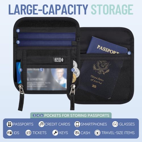 Travel Neck Wallet, RFID Blocking Hidden Passport Holder, Black - color: XS-Black