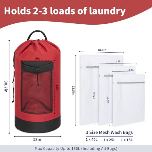 150L Laundry Bag Backpack with 3 Sizes Mesh Wash Bags and Shoulder Straps - color: Bright Red, size: 150L