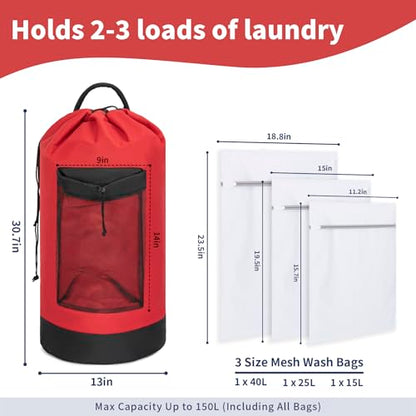 150L Laundry Bag Backpack with 3 Sizes Mesh Wash Bags and Shoulder Straps - color: Bright Red, size: 150L