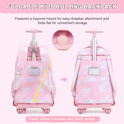 3PCS Rainbow Butterfly Rolling Backpack for Girls with Lunch Box (Pink) - color: Pink