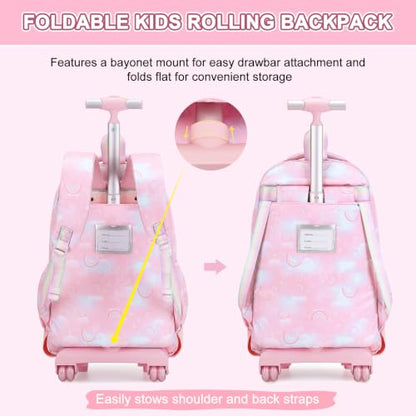 3PCS Rainbow Butterfly Rolling Backpack for Girls with Lunch Box (Pink) - color: Pink