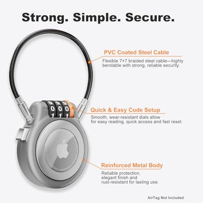 DRESSUP Metal Holder with Combination Lock, Lockable Case for Luggage, Backpack, Suitcase, Stroller & Ski Gear, GPS Tracker Case with Cable Lock Mount (Silver)
