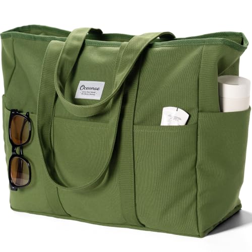 Oceanae Large Canvas Tote with Zipper for Women Men, Beach Travel Totes Work Bag - color: Olive Green