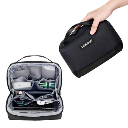 LENTION Premium Waterproof Electronics Organizer Travel Bag with Handle | Large Multi-Compartment Carry Case Fits Tablet, Chargers, Cables, Airpods & Hard Drives to Organize Small Tech Accessories - color: Black