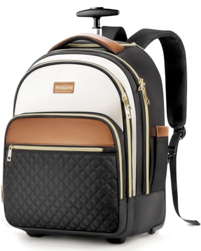 Arcoyard Rolling Backpack for Women, 15.6 Inch Travel Backpack with Wheels - color: Black Beige Brown, size: 15.6-inch