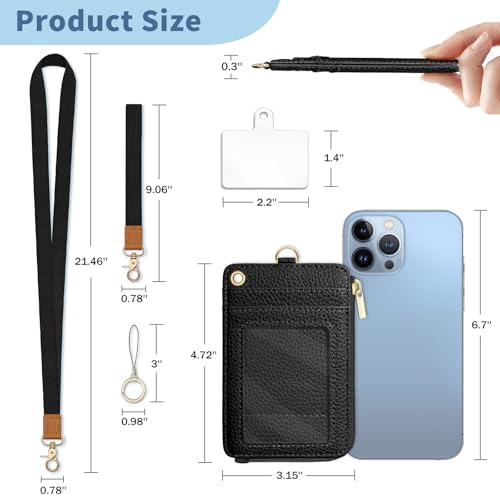 Black Lanyard Wallet with Id Badge Holder Keychain for Card Women - color: Solid-black