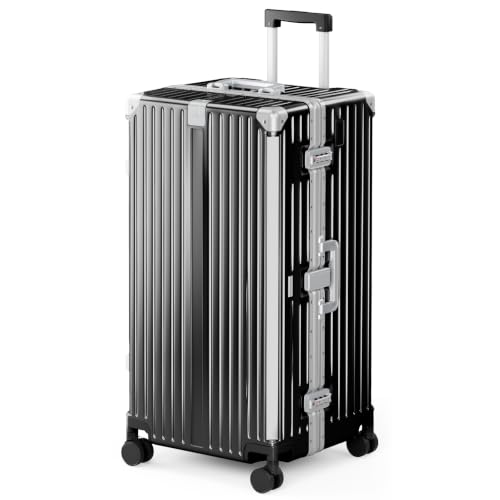 ALPHA CAMP Trunk Luggage 30 Inch with Aluminum Frame Zipperless Suitcase - color: Black, size: 30 Inch