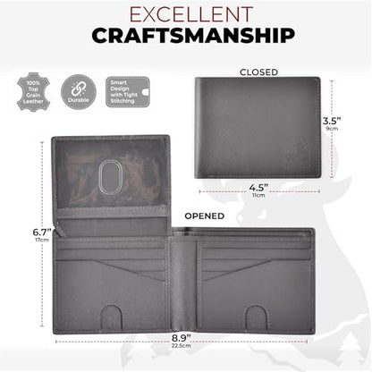 BULLGUARD Mens RFID Blocking Wallet Bifold with Flip Up ID in Saffiano Grey Genuine Leather - color: Wild Mountain Grey