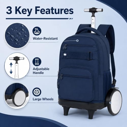 3Pcs Large Wheels Rolling Backpack for Boys Men, 20 Inches Detachable Wheeled Backpack Set, Water Resistant Roller Backpack for Travel Work College School (Blue) - color: Cassic-bue (Large Wheels)