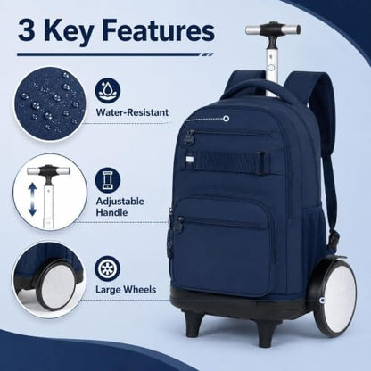 3Pcs Large Wheels Rolling Backpack for Boys Men, 20 Inches Detachable Wheeled Backpack Set, Water Resistant Roller Backpack for Travel Work College School (Blue) - color: Cassic-bue (Large Wheels)