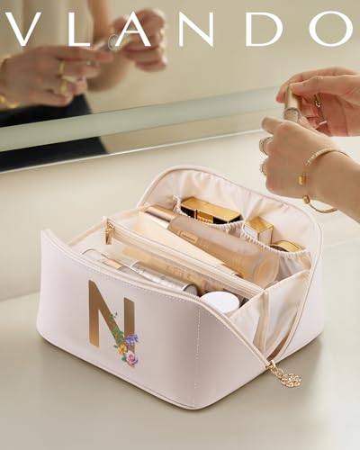 VLANDO Personalized Makeup Bag,Gifts for Women, Letter N,Off White - color: 14.White-N