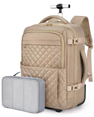 BAGSMART Rolling Backpack for Women, Wheeled Backpack with Packing Cube, Travel Back pack with Wheels, Carry On Suitcase Bag 17 Inch Large Roller Daypack, Champagne - color: Champagne