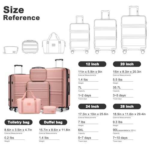 Kono Suitcase Luggage Set Expandable(only 28") with Spinner Wheels - color: Nude/Rose Pink, size: 6-piece set (Db/Tb/12/20/24/28)