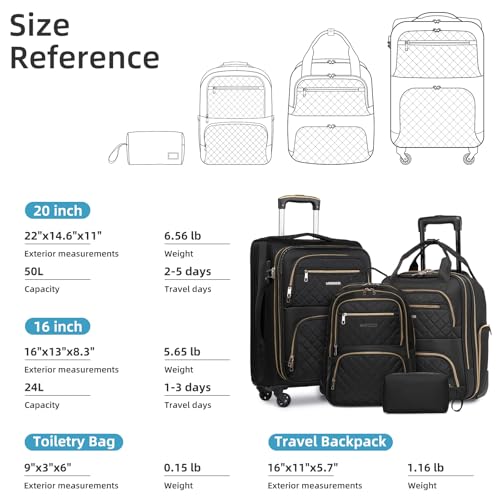 LARVENDER 4 Piece Luggage Set with Spinner Wheels - Expandable Softside Carry On Suitcase 22x14x9 Airline Approved, 16” 20" Carry On Luggage,TSA Lock, Black - color: Black(16/20/BP/TB), size: 4 Piece Set (16/20/BP/TB)