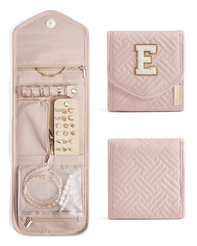 BAGSMART Travel Jewelry Organizer Case E Initial Jewelry Roll,Soft Pink - color: Pink-E, size: Small