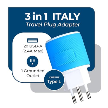 OREI Type L Travel Adapter with Dual USB – Italy, Chile & Uruguay, Blue - style: Type L - Italy