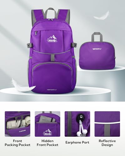 WATERFLY Large Lightweight Packable Hiking Backpack Foldable Travel Daypack - color: D-purple, size: 35L