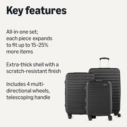 Amazon Basics 3-Piece Hardshell Luggage Set (21", 26", 30"), Scratch-Resistant Expandable Suitcases with Multi-directional Wheels and Telescoping Handle, Black - color: Black, size: 3-Piece Set