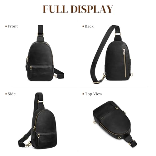 S-ZONE Leather Sling Bags for Women Men Fanny Packs Chest Bag RFID Blocking - color: Black