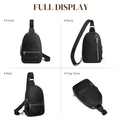 S-ZONE Leather Sling Bags for Women Men Fanny Packs Chest Bag RFID Blocking - color: Black