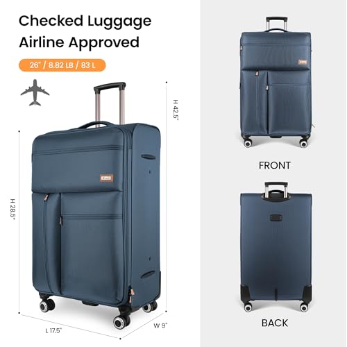 26" Softside Luggage,w/TSA LOCK,Expandable - color: Navy, size: Checked-Medium 26-Inch