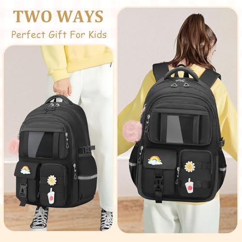 Kids Backpacks for Girls - Cute Girls Backpack for Kids Children Teens Elementary Middle School - 17″ Students Bookbag Travel Back Pack for Age 6-18 - color: Tm-black-backpack Only