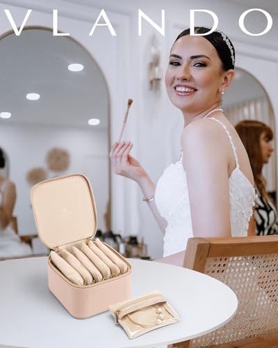 VLANDO Jewelry Boxes for Women with 6 Clear Velvet Zipper Pouches,Khaki - color: B.6 PCS Khaki