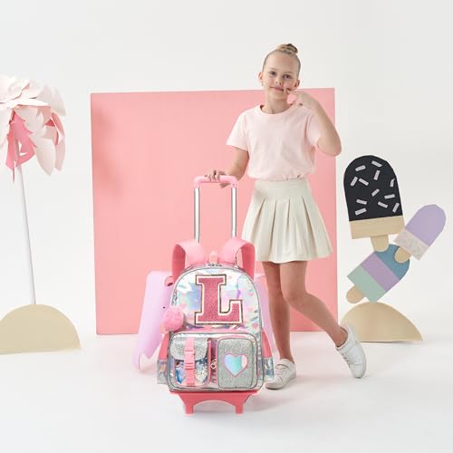 HTgroce Cute Rolling Backpack with Wheel,School Backpack for Kids Girl Roller Schoolbag Wheeled Backpacks Set Carry-on Luggage,Pink - color: Pink, style: L