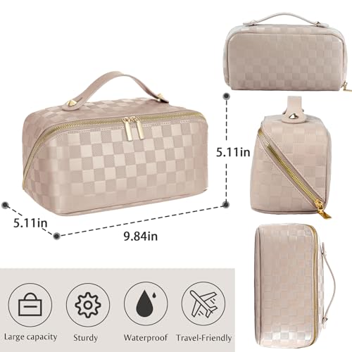 ALEXTINA Travel Makeup Bag, Checkered PU Leather Cosmetic Bag, Khaki - color: khaki, size: Medium