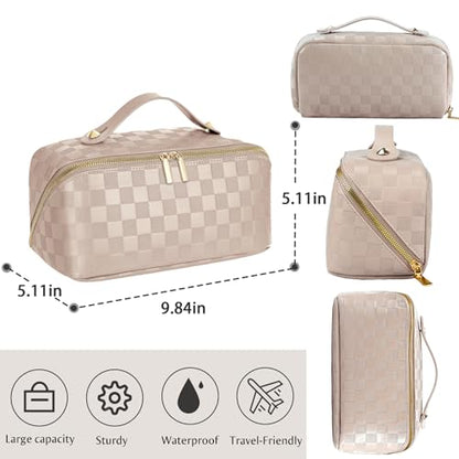 ALEXTINA Travel Makeup Bag, Checkered PU Leather Cosmetic Bag, Khaki - color: khaki, size: Medium