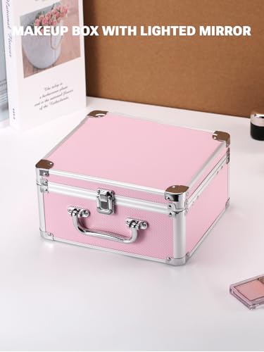 Qislee Makeup Box with Detachable Magnetic LED Mirror, Travel Train Case - color: Icy Pink, size: Small