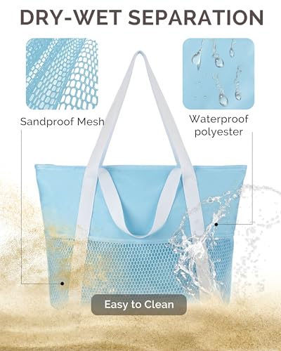 HOMESPON Beach Bag Large Waterproof Sandproof Tote for Women with Zipper and Mesh Pockets - color: Blue, size: Medium
