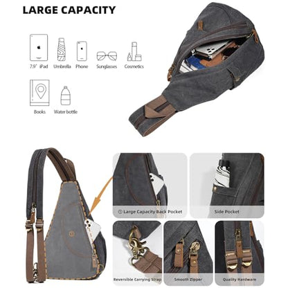 KL928 Canvas Sling Bag - Small Crossbody Backpack Shoulder Casual Daypack Rucksack for Men Women(Large Version,Black) - color: Canvas-black