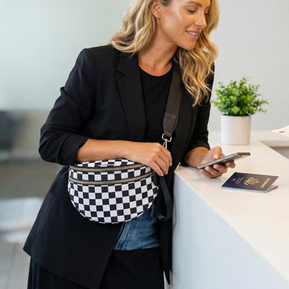 Checkered Crossbody Bum Bags for Women Large Nylon Belt Purse Fanny Packs Bag with Adjustable Shoulder Strap (Black White Checkered) - color: Black White Checkered