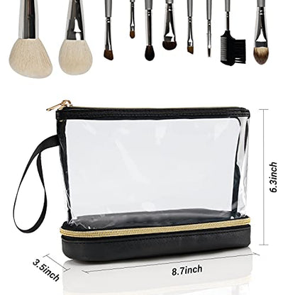 Clear Makeup Bag with Brushes Compartment Travel TSA Approved Toiletry Bag - color: 01-leather black clear