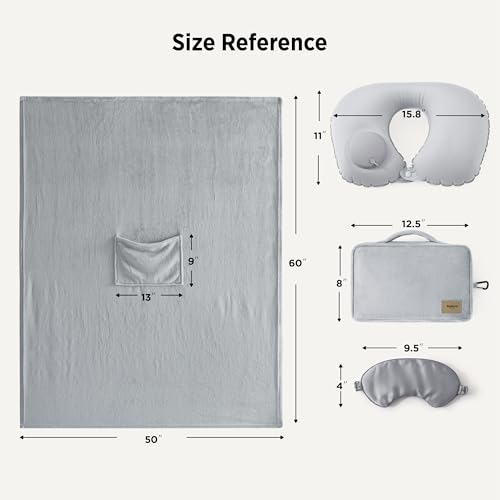 Bedsure Travel Blanket Set with Inflatable Neck Pillow and Eye Mask, Grey | 3-In-1 Airplane Blanket, Packable, Lightweight, Compact Travel Essentials, Travel Gifts for Long Flight and Flying - color: Grey