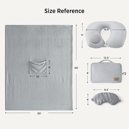 Bedsure Travel Blanket Set with Inflatable Neck Pillow and Eye Mask, Grey | 3-In-1 Airplane Blanket, Packable, Lightweight, Compact Travel Essentials, Travel Gifts for Long Flight and Flying - color: Grey
