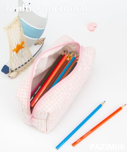 PAZIMIIK Small Quilted Makeup Bag,Zipper Cosmetic Pouch,Gingham Pink - color: Gingham Pink