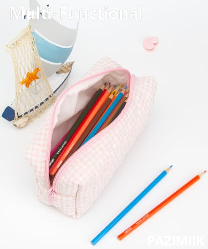 PAZIMIIK Small Quilted Makeup Bag,Zipper Cosmetic Pouch,Gingham Pink - color: Gingham Pink