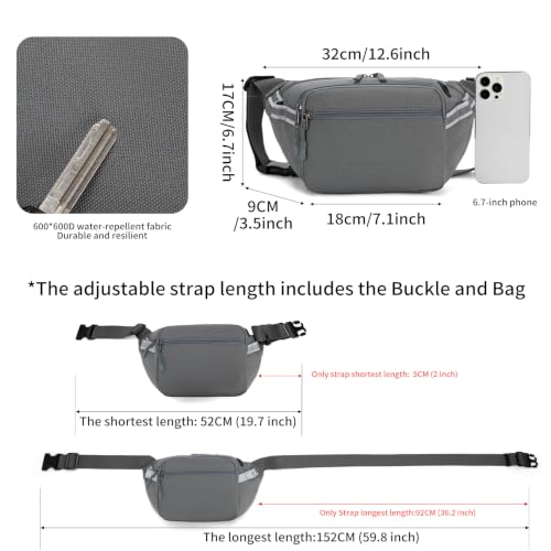 RFID Blocking Fanny Pack for Men Women, 5-Pocket Crossbody Hip Waist Bag - color: Grey