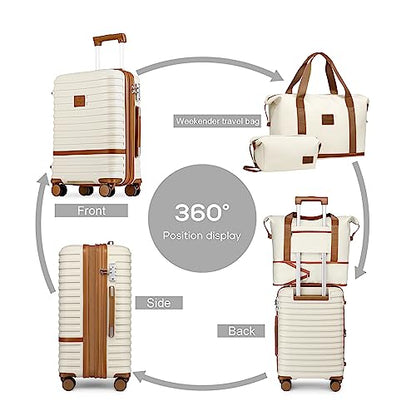 Joyway Carry On Luggage 20 Inch Expandable Suitcase with Spinner Wheel, 3 Piece Hard Shell Luggage Set with TSA Lock(White) - color: White brown, size: Carry-On 20-Inch