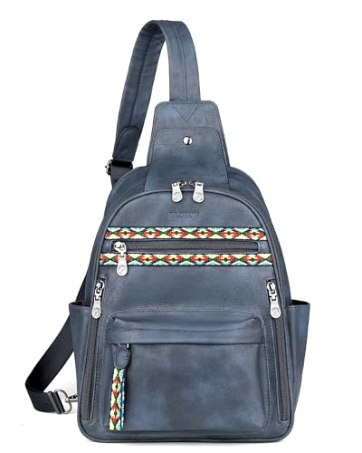 FADEON Large Sling Bag for Women, Designer 10L Leather Crossbody Purse - color: Dark Blue Retro Style